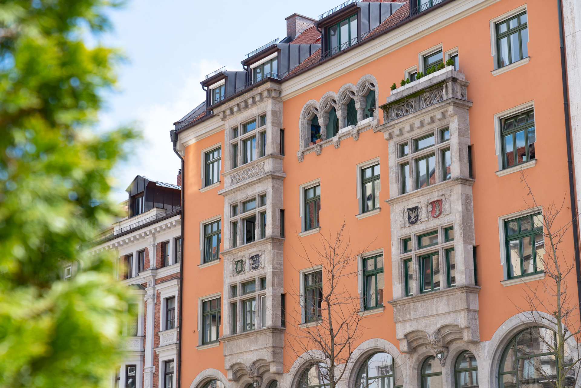 Gebäude der Praxis von außen, Pflanze rechts unscharf im Vordergrund
