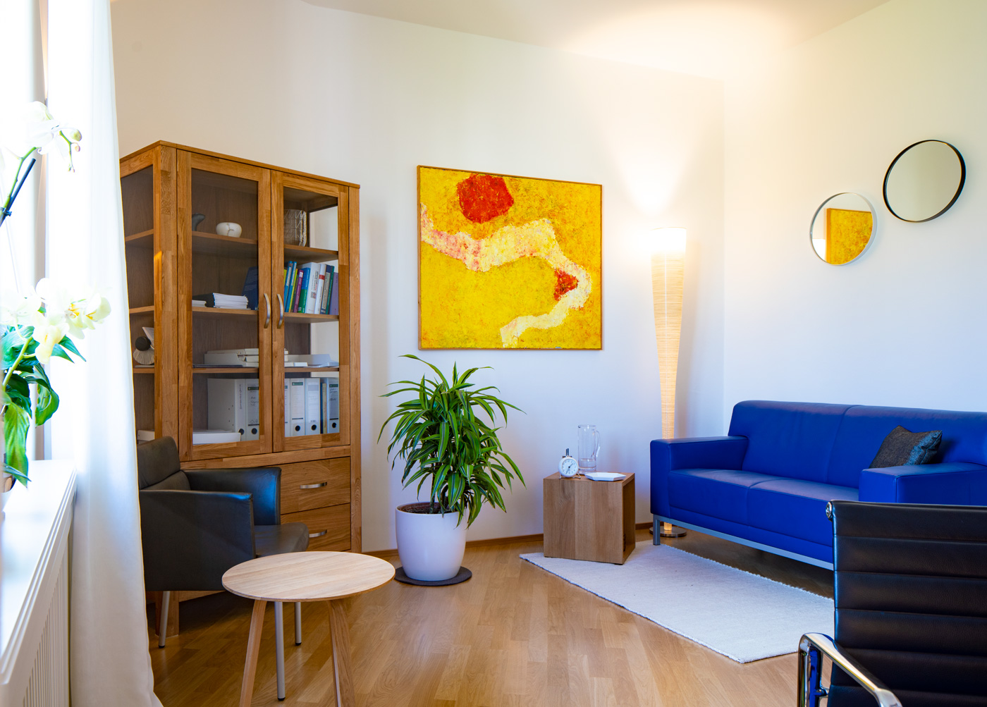 Heller Praxisraum mit blauem Sofa, Pflanzen und Aktenschrank